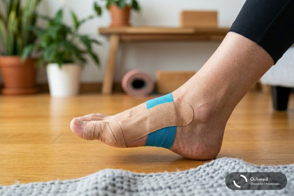 Kobieca stopa z plastrami do kinesiotapingu. haluksy kinesiotaping